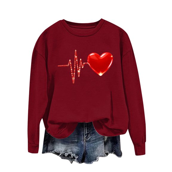 Felirenzacia Big and Tall Women’s Valentine Pullover Sweet Heart Design Cozy Casual Everyday Top, Wine,L
