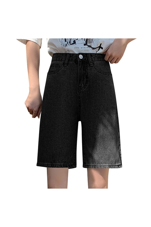 Women's Plus Size Knee Length Y2k Baggy Denim Shorts Distressed Ripped Straight Wide Leg Jean Shorts Alt Emo Grunge Clothes,Black,XL