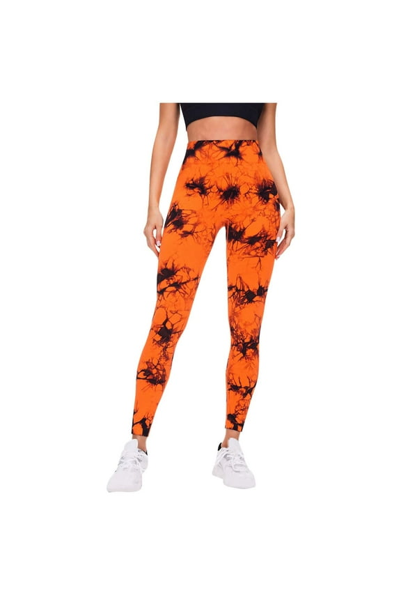 Bright Orange Tie Dye Lightning Pattern Yoga Pants for Women, High Waisted Hip Lifting Leggings, Shibori Lightning Pattern Yoga Pants, XS-L