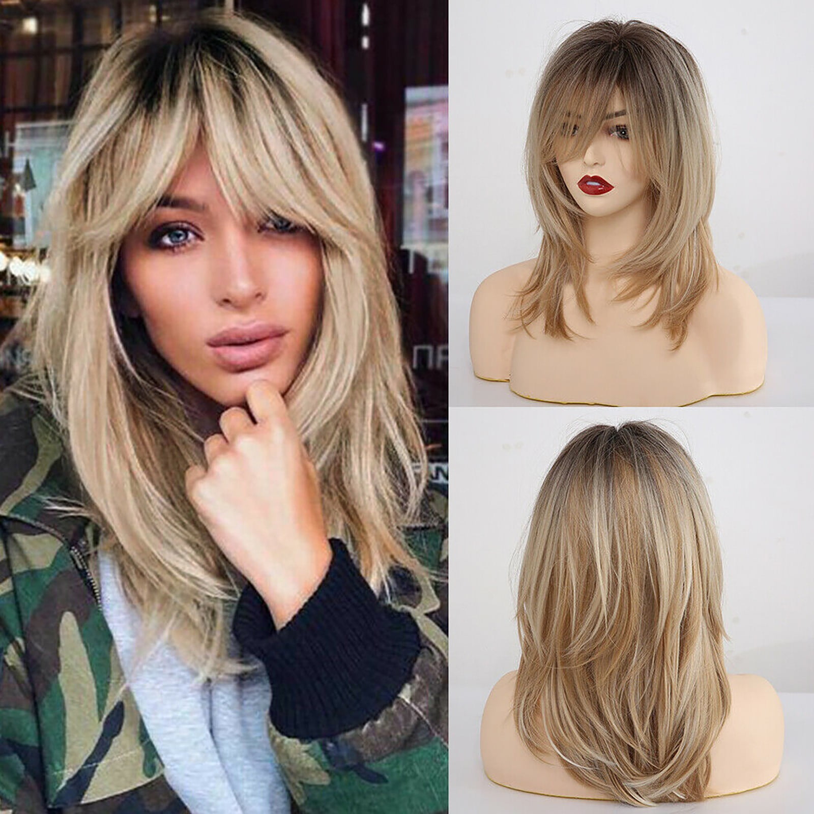 Felirenzacia Brown Mixed Natural Blonde Wavy Ombre Synthetic Hair Wigs With Bangs For Women