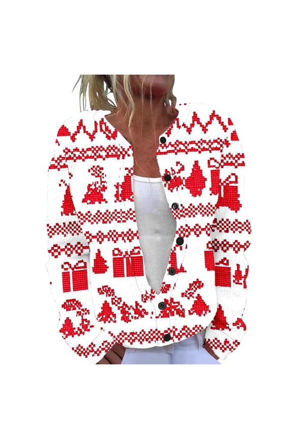 Button Down Knit Sweater Cardigan, Fair Isle Christmas Ugly Elf Jumpers for Women