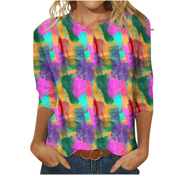 Felirenzacia Casual Blouse For Women, Gold Fish Pattern, Three-Quarter Sleeve Top, Versatile Womens Shirt, Round Neck Pullover, Classic Silhouette Top