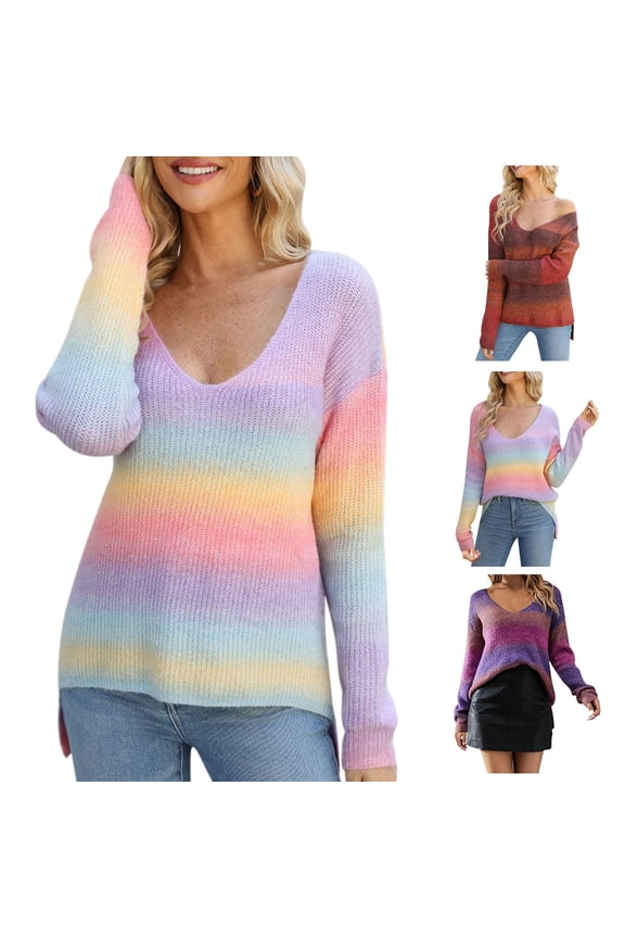 Casual Knit Sweashirts for Women, Sexy Deep V Neck Sweater Pullover for Women, Gradient Tunic Tops for Fall Winter