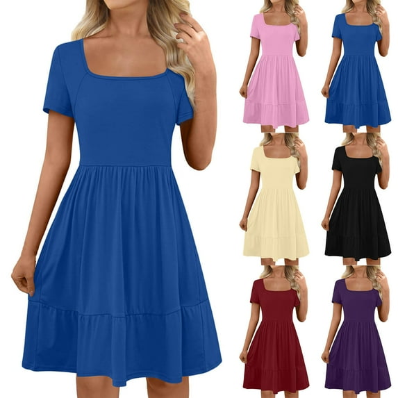 Felirenzacia Casual Midi Dress for Women, Square Neck Short Sleeves Bodice with A Line Skirt, Casual Work Wear, Comfort Breathable Lightweight Dress