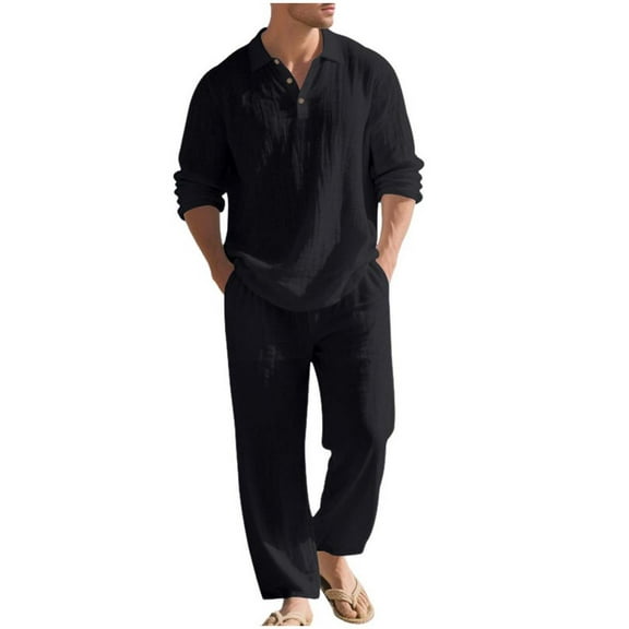 Felirenzacia Casual Summer Matching Set for Men – Cotton Linen Henley Shirt and Drawstring Pants, Long Sleeve Lightweight Yoga Outfit for Travel, Lounge, and Beach Wear