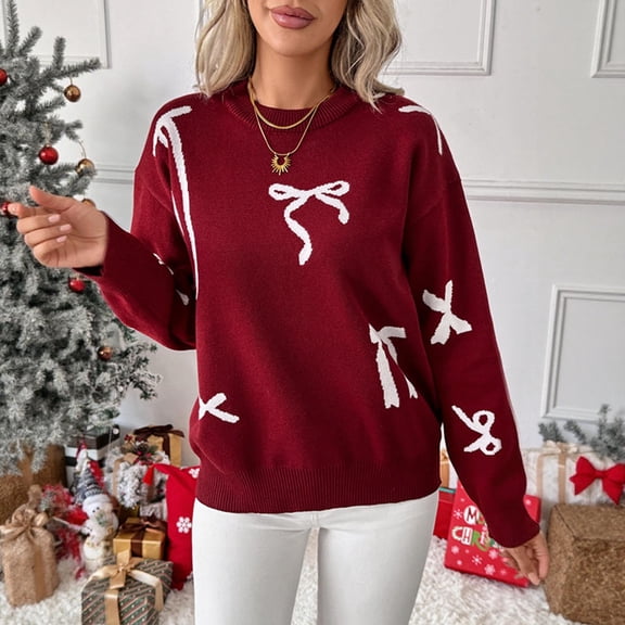 Felirenzacia Christmas Bow Jumpers, Crewneck Knit Pullover Wine Jumpers, Ugly Holiday Sweaters Gift