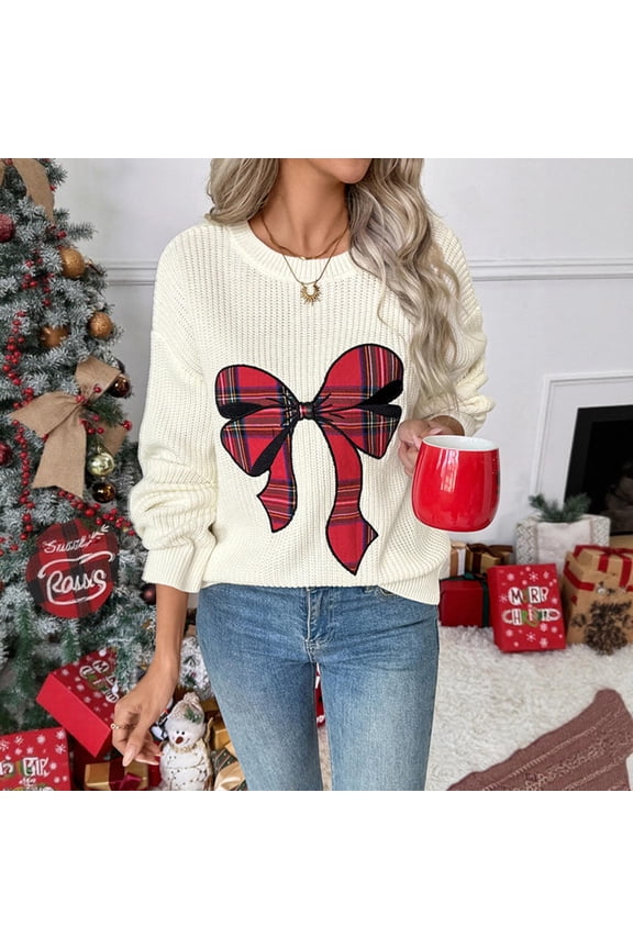 Christmas Red Plaid Bow Sweater, Mesh Knit Pullover Beige Jumpers, Holiday Gift