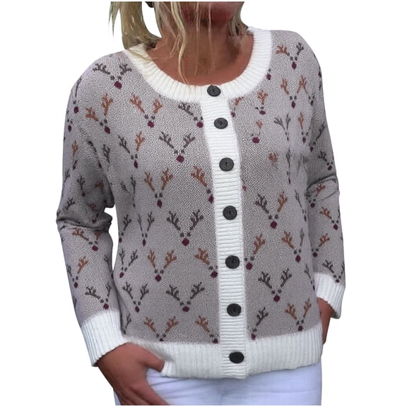 Felirenzacia Christmas Reindeer Elf Sweater Cardigan, White Hem Button Down Knit Outwear Coat, Ugly Sweaters for Holiday GIft,Gray,L