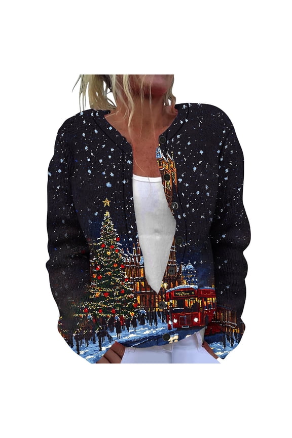 Christmas Reindeer Elf Sweater Cardigan, White Hem Button Down Knit Outwear Coat, Ugly Sweaters for Holiday GIft