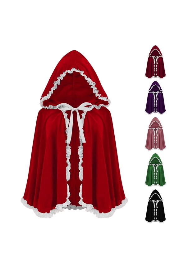 Christmas White Trimmed Solid Color Hooded Short Velvet Cape, Unisex Cloaks with Drawstring Tie, S-XL