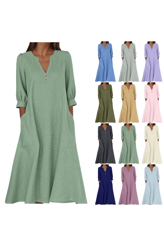 Fall Dresses for Women, Casual Cotton Linen Blend Long Lounge Dress with Pockets for Women, FLowy Boho Dress