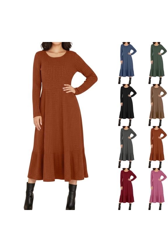 Fall Dresses for Women, Ribbed Knit Maxi Dress, Long Sleeve Flared Hem, Fall Winter Casual Work Office Wear