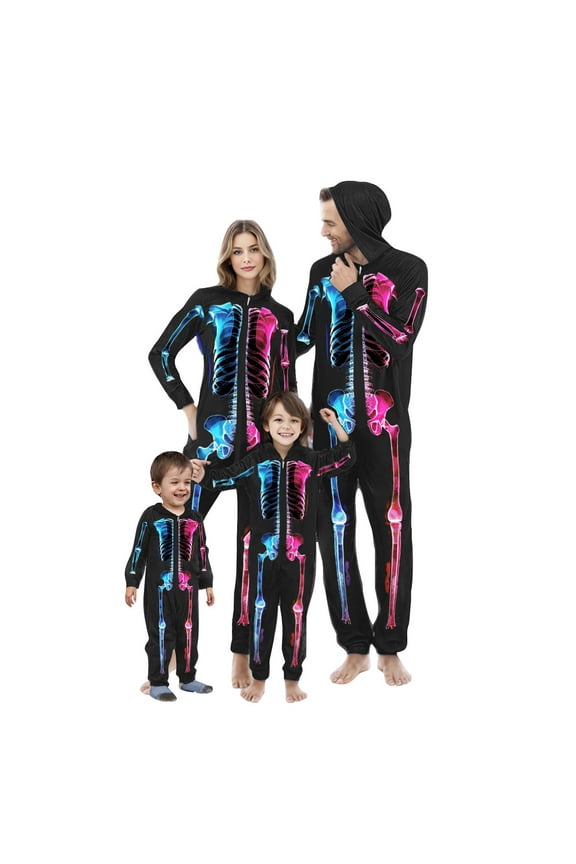Family Matching Halloween Onesie Pajamas, Funny Skeleton Hooded Zipper PJs Holiday Loungewear for Men/Women