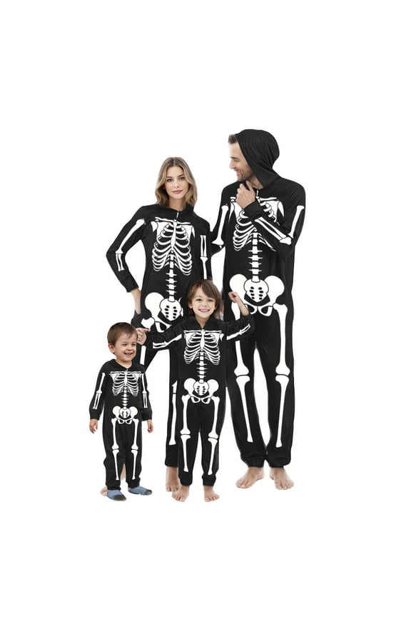 Family Matching Halloween Onesie Pajamas, Funny Skeleton Hooded Zipper PJs Holiday Loungewear for Men/Women