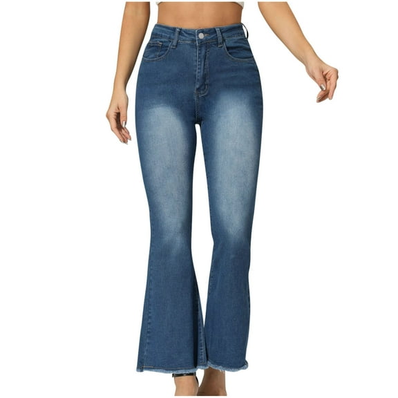 Felirenzacia Flare Jeans for Women Raw Hem Zimbaplatinum Denim High Waist Jeggings Tummy Control Skinny Jeans Pull on Leggings with Pockets Trendy Casual