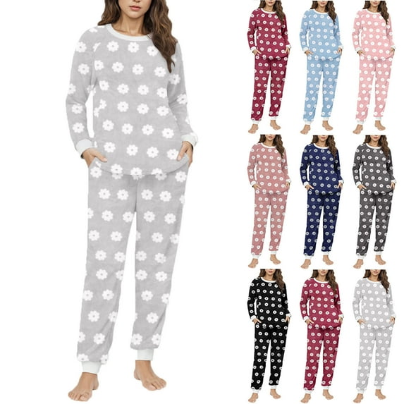 Felirenzacia Fleeced Fluffy Pajama Sets for Women, Crewneck Long Sleeves Shirt Long Pants with Pockets, Winter Casual Warm Pullover Sleepwear Sets, Daisy Loungewear for Women