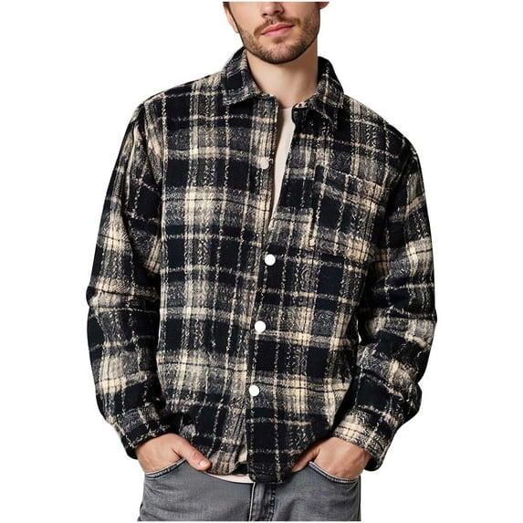 Felirenzacia George Men and Big Men's Flannel Shirt Jacket, Vintage Chest Pocket Tartan Long Sleeve Thick Coat for Big Men,Black,XL