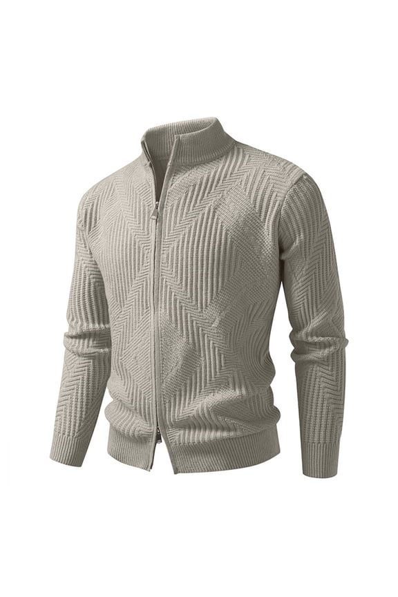 George Men and Big Men's Jaquard Knit Jacket, Full Zip up Long Sleeve Coat with Two Way Zipper,Khaki,M