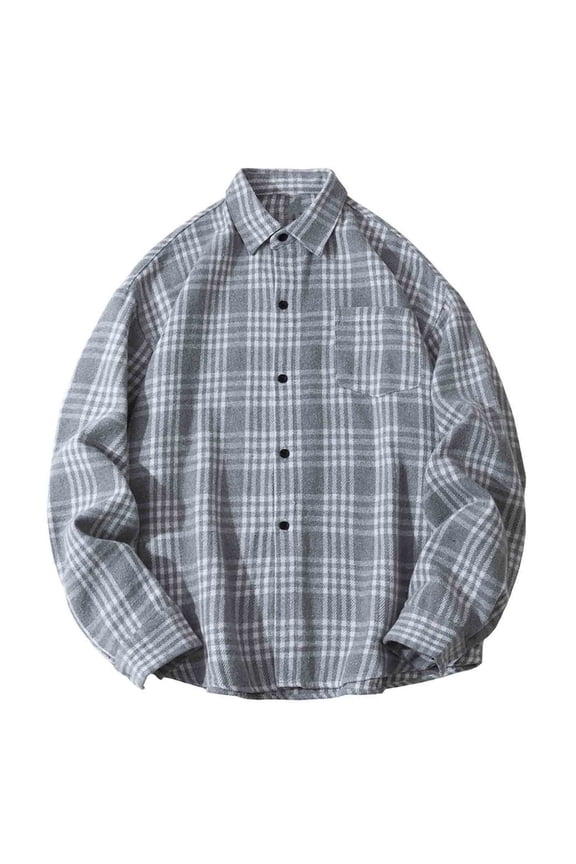 George Men and Big Men's Plaid Shirt, Chest Pocket Long Sleeve Tartan Shirt,Gray,4XL