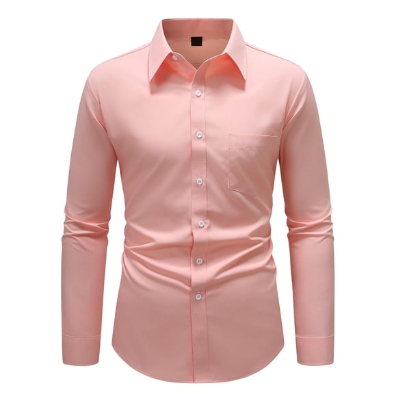 Felirenzacia George Men's Dress Shirt, Classic Solid Chest Pocket Long Sleeve Shirt for Work,Pink,XL
