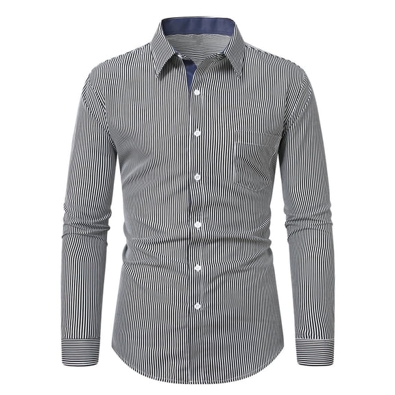 Felirenzacia George Men's Dress Shirt, Classic Striped Long Sleeve Shirt for Work with Chest Pocket,Dark Gray,M