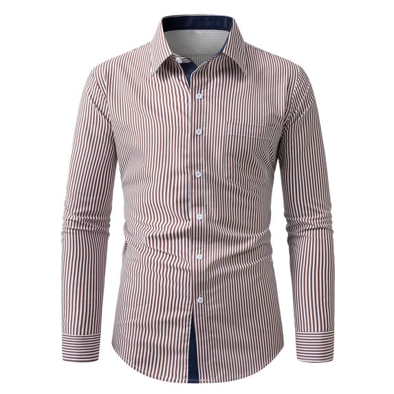 Felirenzacia Men's Dress Shirt, Classic Striped Long Sleeve Shirt for Work with Chest Pocket,Khaki,XS