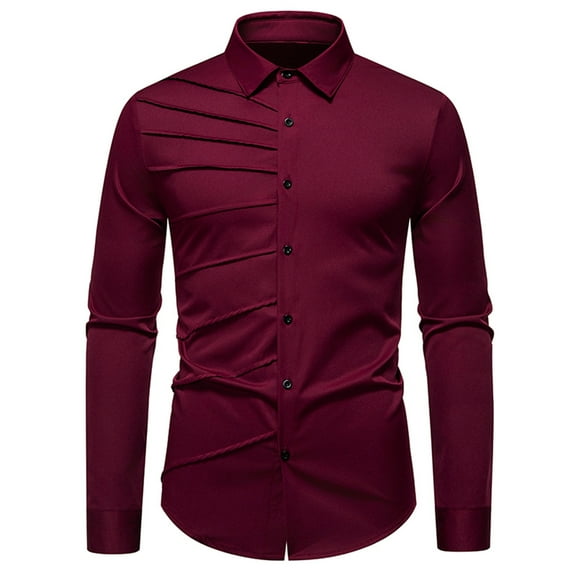 Felirenzacia George Men's Dress Shirt, Long Sleeve Ribbed Bussiness Casual Shirt,Wine,2XL