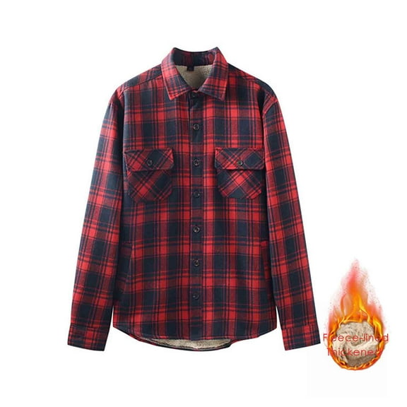 Felirenzacia George Men's Fleece Lined Plaid Shirt, Double Pocket Flannel Tartan Long Sleeve Shirt,Red,XL