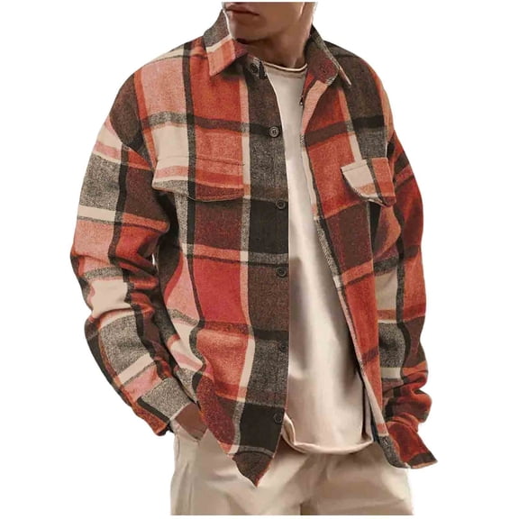 Felirenzacia George Men's Plaid Flannel Shirt, Checkered Long Sleeve Lighrweight Jacket,Orange,L