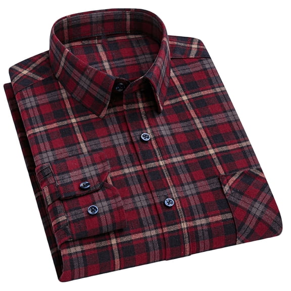 Felirenzacia George Men's Shirt, Chest Pocket Checkered Long Sleeve Dress Plaid Shirt,Wine,L