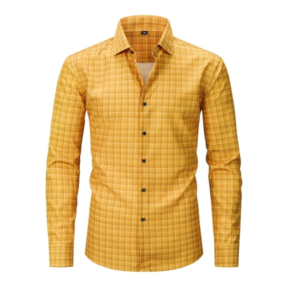 Felirenzacia George Men's Stretchy Plaid Shirt, Classic Fitted Tartran Long Sleeve Dress Shirt,Yellow,XL