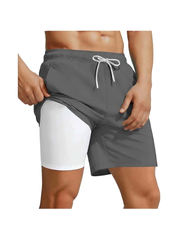 Men's and Big Men's Swim Trunks with 2 in 1 Compression Liner Quick Dry Swimming Bathing Suit George Summer Beach Shorts,Gray,L