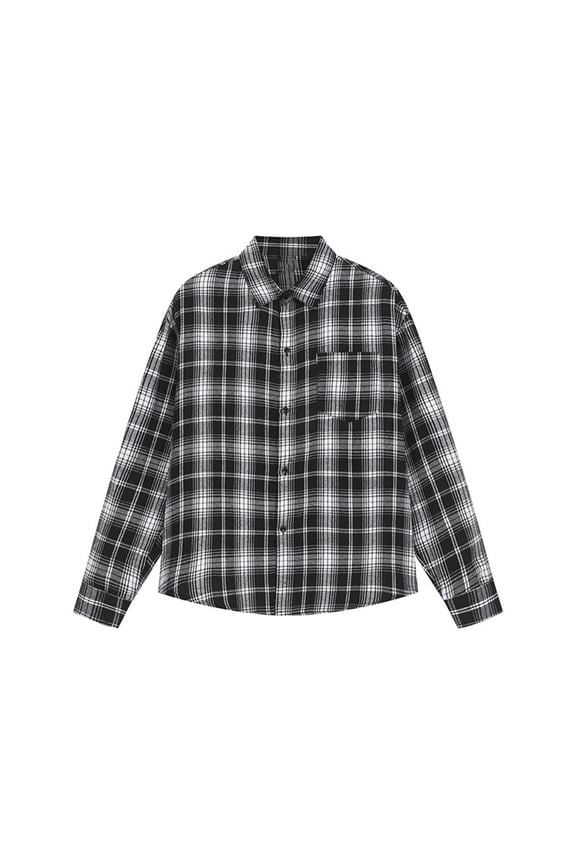 George Plus Size Men's Long Sleeve Plaid Shirt, Chest Pocket Tartan Shirt Jacket,Black,M