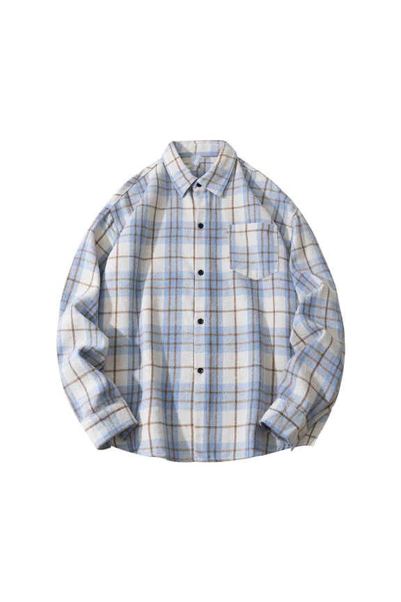 George Plus Size Men's Long Sleeve Plaid Shirt, Chest Pocket Tartan Shirt Jacket,Light Blue,XL