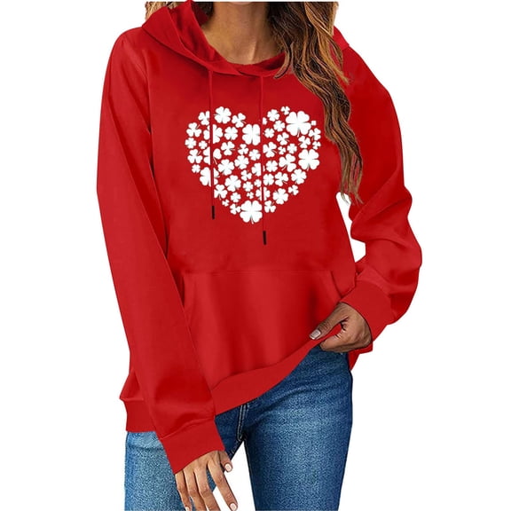Felirenzacia Green Clover Women’s Hoodie St. Patrick’s Day Pullover Tops Lucky Graphic Shirt Cozy Fleece Long Sleeve Sweatshirt, Red,2XL