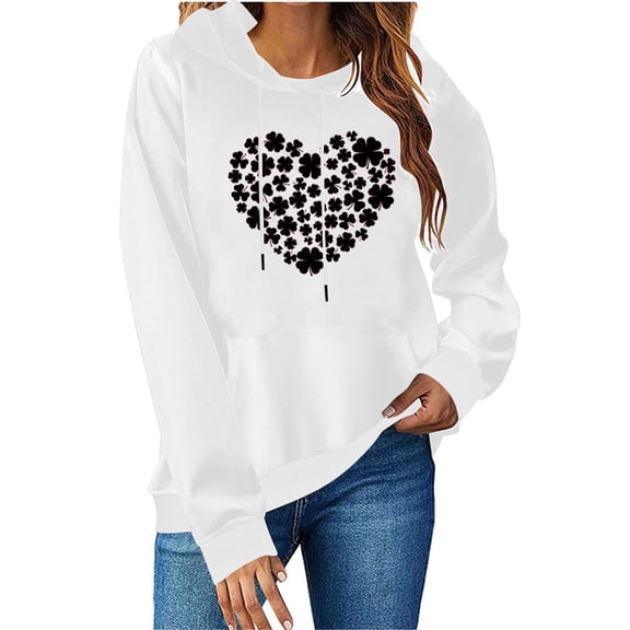 Felirenzacia Green Clover Women’s Hoodie St. Patrick’s Day Pullover Tops Lucky Graphic Shirt Cozy Fleece Long Sleeve Sweatshirt, White,2XL