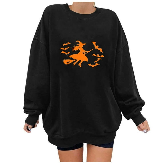 Felirenzacia Halloween Costume Adult Witch Bats Printed Sweatshirt Oversized Crewneck Pullover Tee Shirt