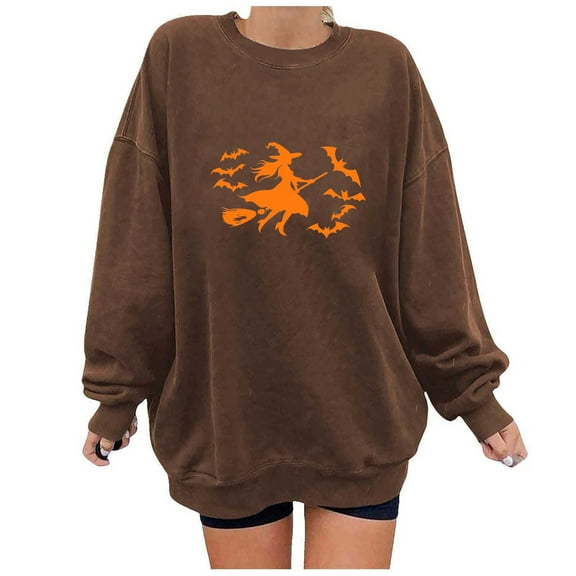 Felirenzacia Halloween Costume Adult Witch Bats Printed Sweatshirt Oversized Crewneck Pullover Tee Shirt