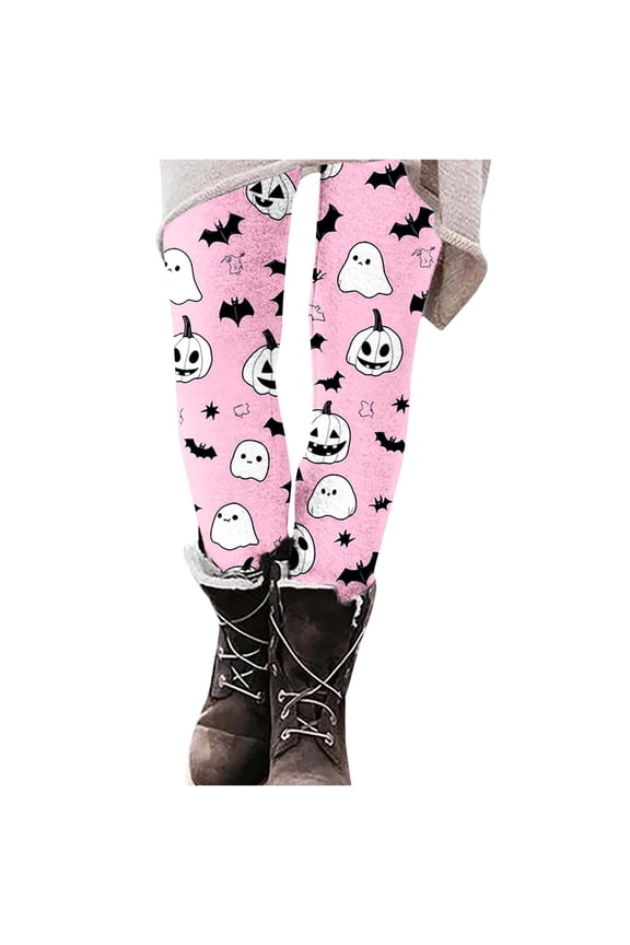 High Waisted Leggings for Women and Girl Pink Spooky Ghost and Pumpkin Print No See Through Tummy Control Cycling Workout Yoga Pants with Pockets Reg & Plus Halloween Printed