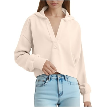 Felirenzacia Hoodies for Women Long Sleeve Drawstring V Neck Casual Pullover Sweatshirt Hooded Tops