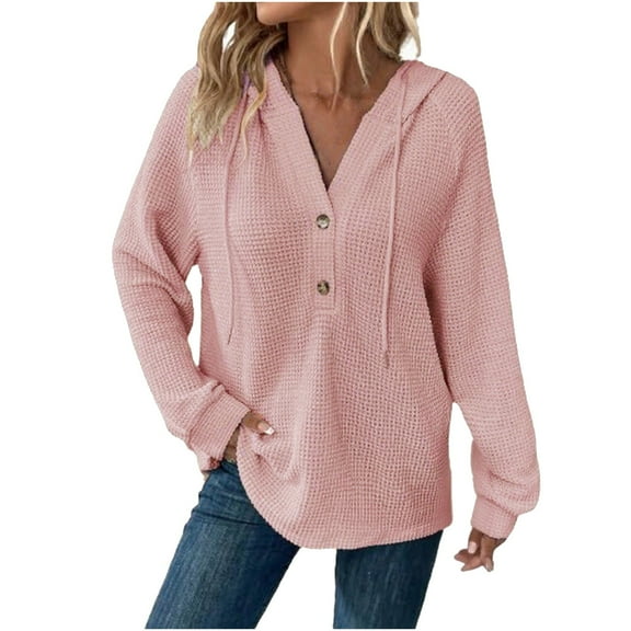 Felirenzacia Hoodies for Women Waffle Knit Long Sleeve Drawstring Button V Neck Casual Pullover Sweatshirt Hooded Tops