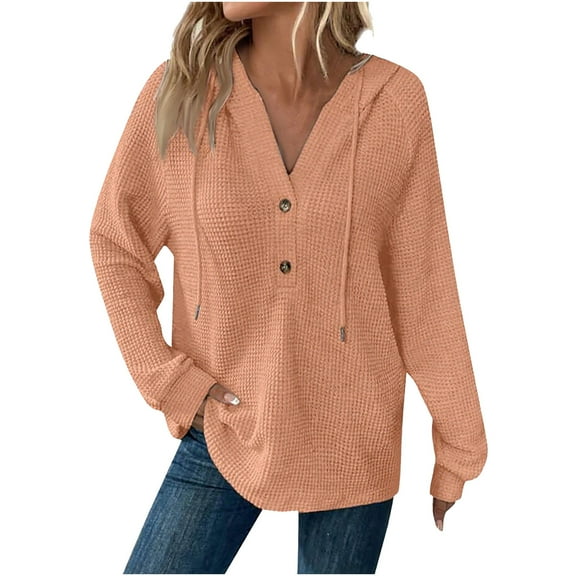 Felirenzacia Hoodies for Women Waffle Knit Long Sleeve Drawstring Button V Neck Casual Pullover Sweatshirt Hooded Tops