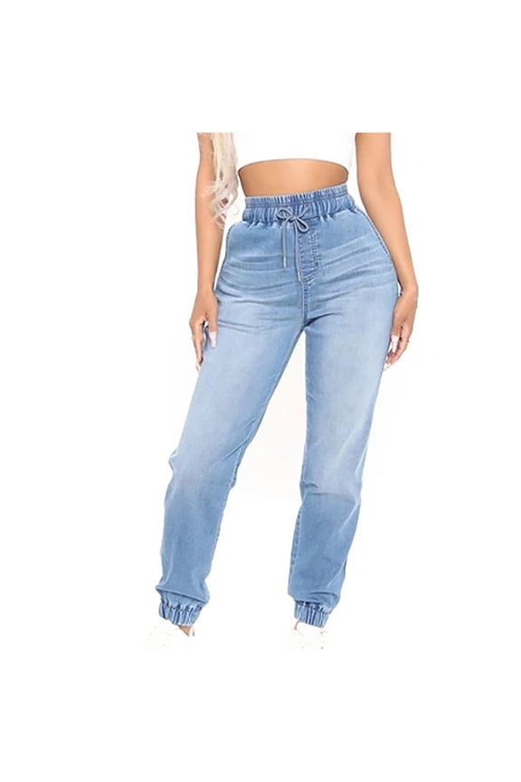 Jeans for Women, Ridding Cuffed Joggers with Elastic Waist, Adjustable Drawstring High Waist Stretchy Slim Fit Jeggings, Denim Pants