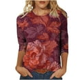 thumbnail image 1 of Felirenzacia Ladies Dark Blue Shirt, Three-Quarter Sleeve, Round Neck Blouse with Brown, Gray and Blue Vintage Floral Print, 1 of 5