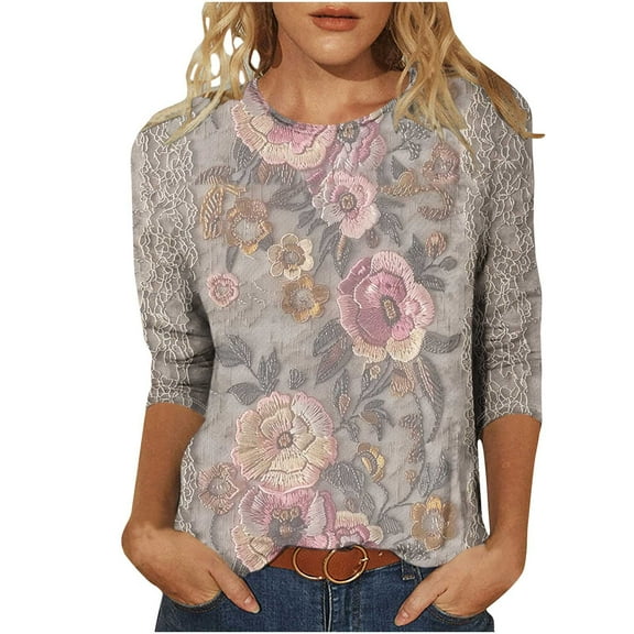 Felirenzacia Ladies Dark Blue Shirt, Three-Quarter Sleeve, Round Neck Blouse with Brown, Gray and Blue Vintage Floral Print