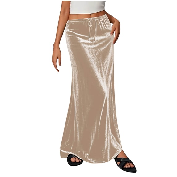 Felirenzacia Ladies Fashion Women Solid Color Elastic Waist Drawstring Long Skirt