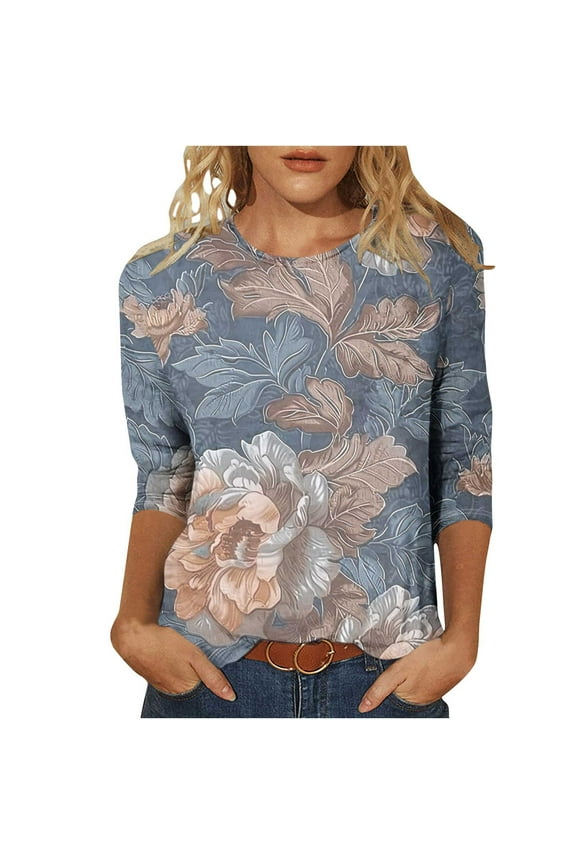 Ladies Gray Top, Three-Quarter Sleeve, Round Neck Blouse with Pink, Purple, Blue and Orange Embroidered Flowers