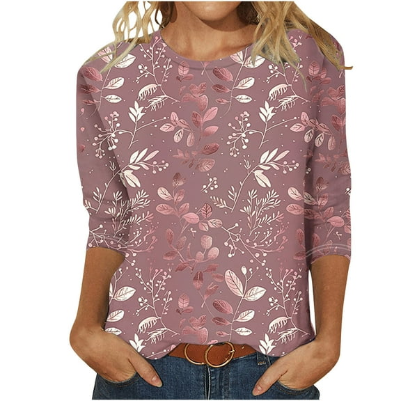 Felirenzacia Ladies Muted Mauve Blouse, Long Sleeve, Round Neck Top with White, Pink and Peach Botanical Floral Design