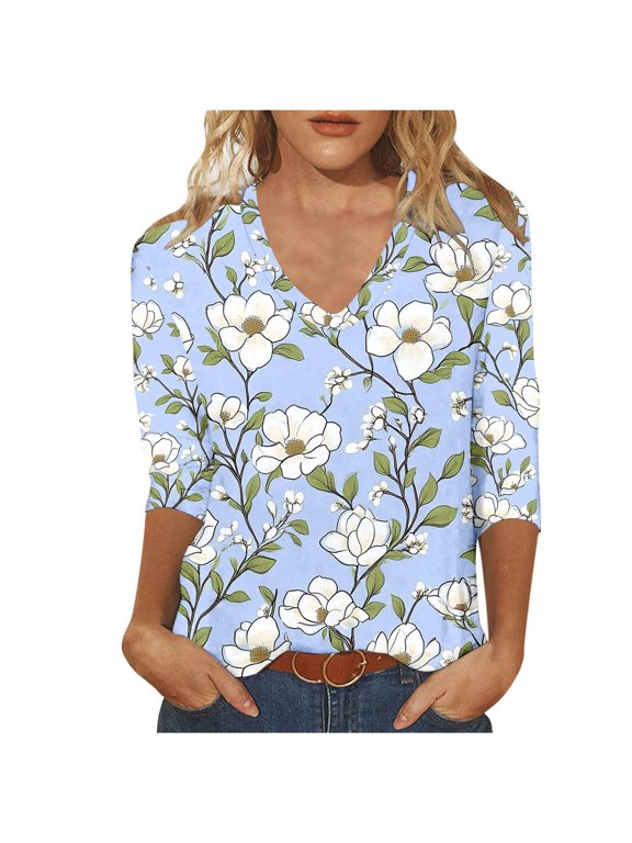 Ladies V-Neck Blouse, White Three-Quarter Sleeve Top, Large Purple Floral Pattern with Gray Leaves