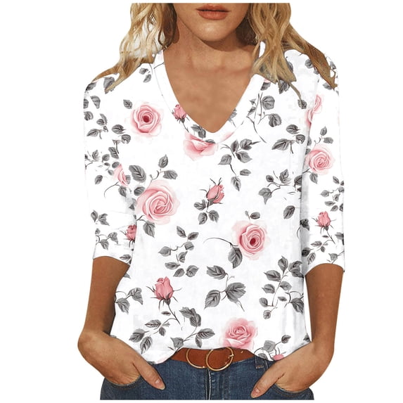Felirenzacia Ladies White Blouse, V-Neck, Three-Quarter Sleeve Top with Blue and Beige Floral Print